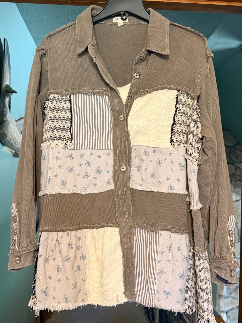 NWOT POL Patchwork Button-Front Jacket - Grayish Taupe & Cream